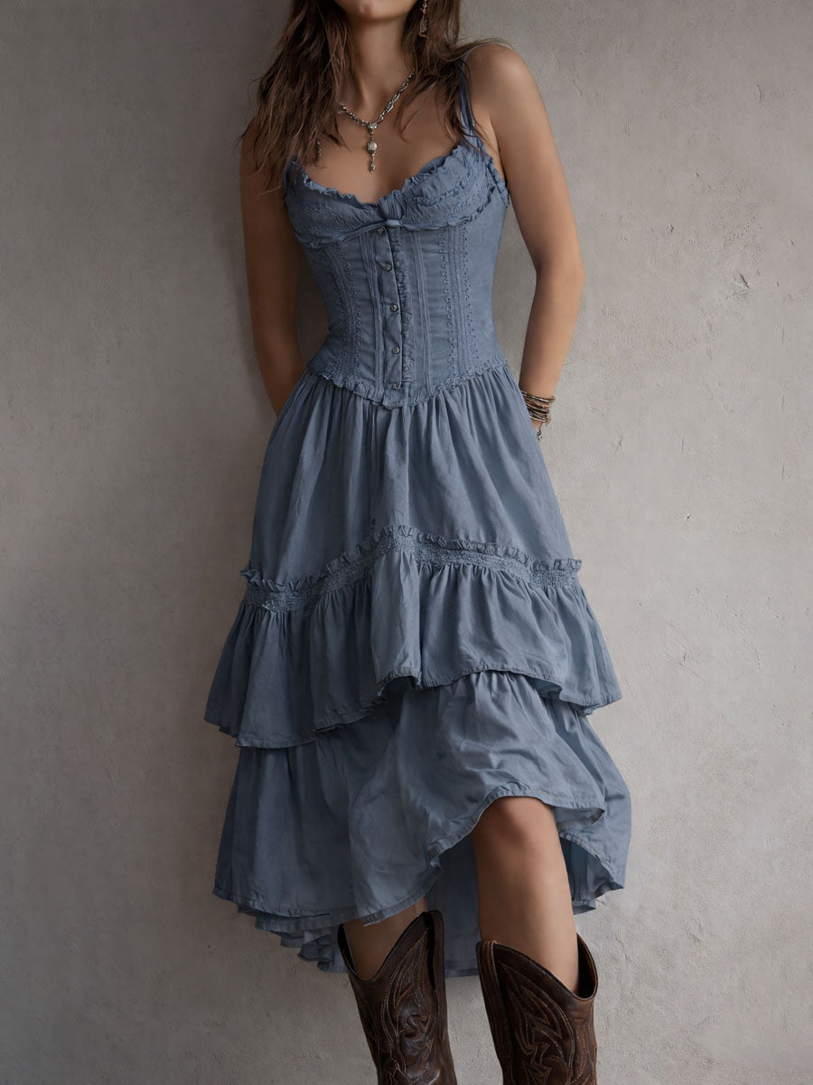 Retro Boho Corset Tiered Midi Dress With Lace-Trim