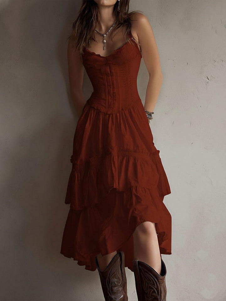 Retro Boho Corset Tiered Midi Dress With Lace-Trim