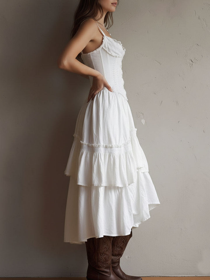 Retro Boho Corset Tiered Midi Dress With Lace-Trim