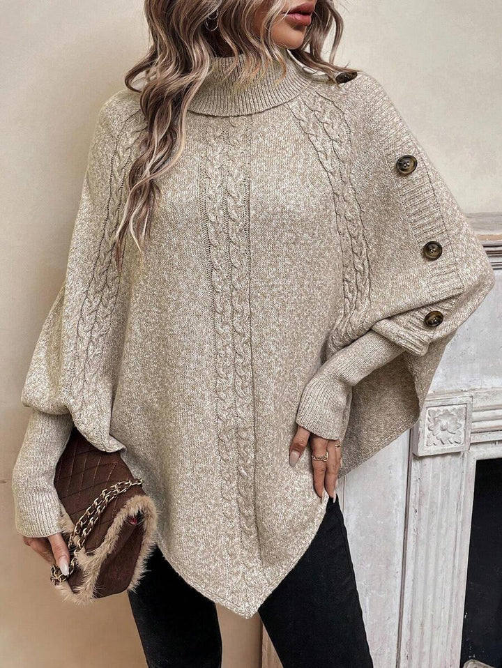 Alexis | High Neck Batwing Poncho Sweater, Asymmetrical Cable Knit Pullover