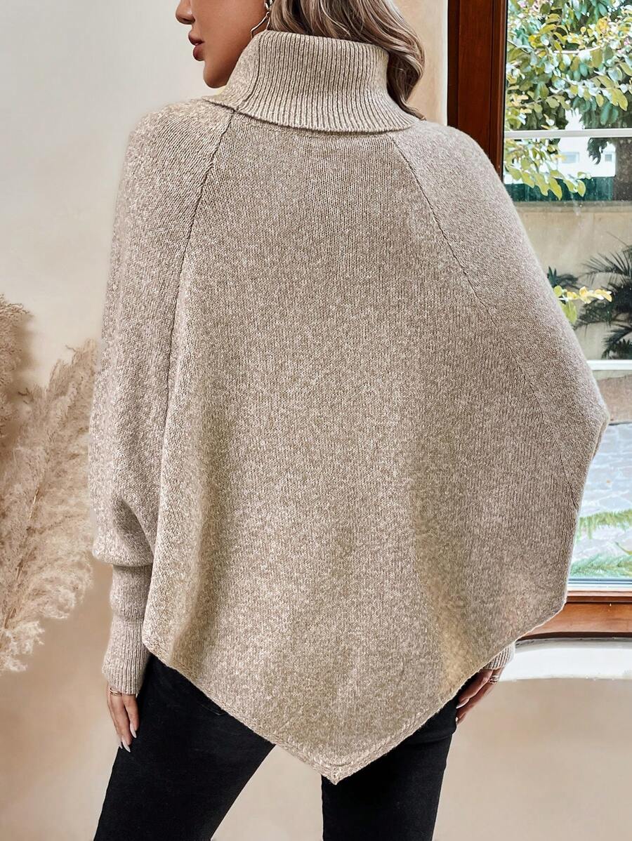 Alexis | High Neck Batwing Poncho Sweater, Asymmetrical Cable Knit Pullover