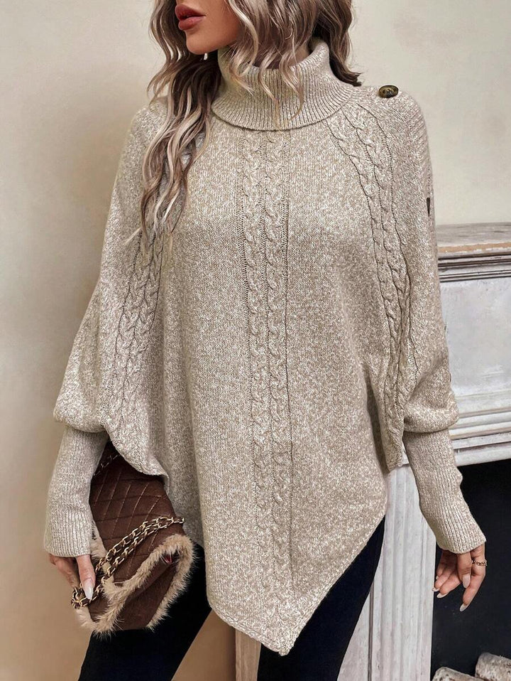 Alexis | High Neck Batwing Poncho Sweater, Asymmetrical Cable Knit Pullover