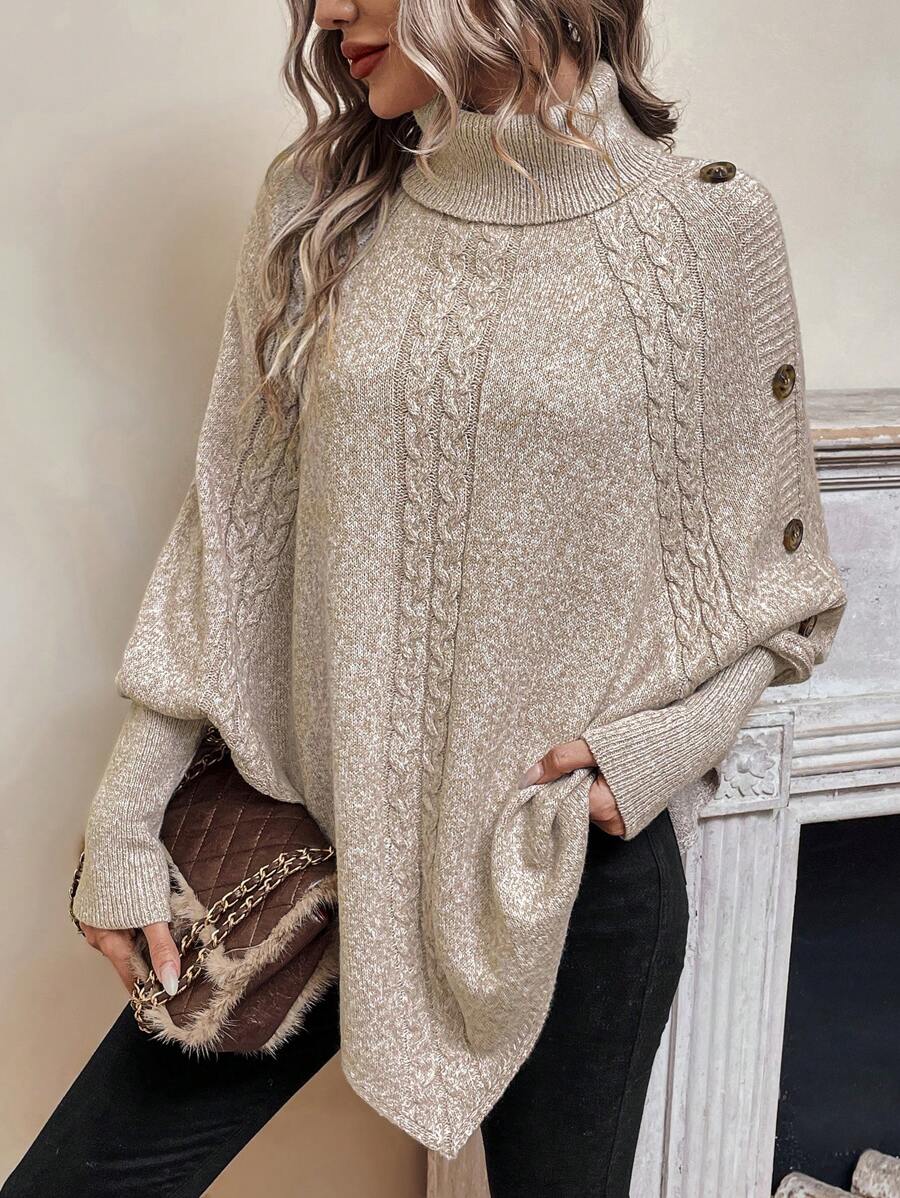 Alexis | High Neck Batwing Poncho Sweater, Asymmetrical Cable Knit Pullover