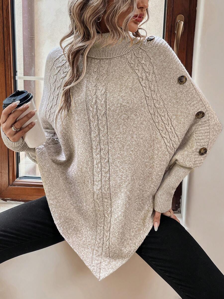 Alexis | High Neck Batwing Poncho Sweater, Asymmetrical Cable Knit Pullover