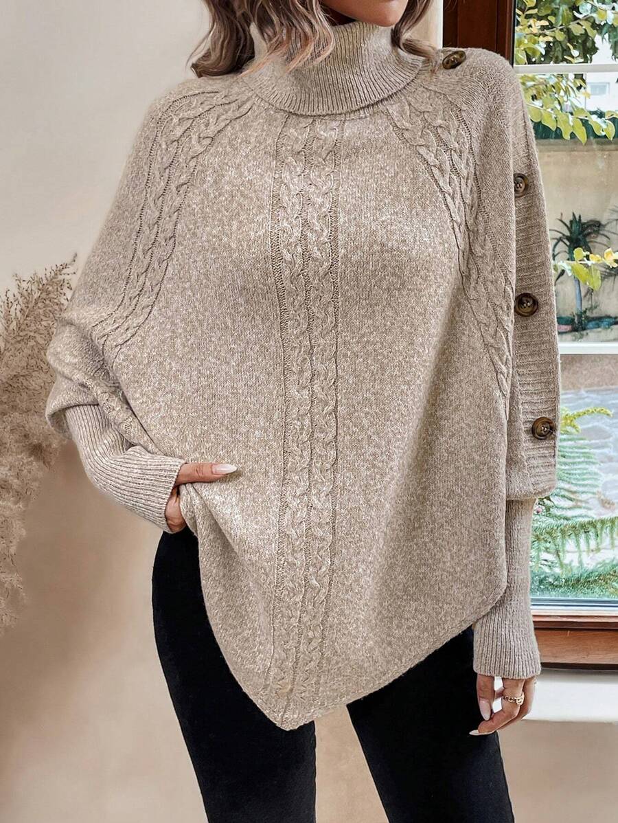 Alexis | High Neck Batwing Poncho Sweater, Asymmetrical Cable Knit Pullover