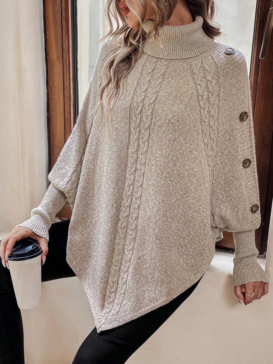 Alexis | High Neck Batwing Poncho Sweater, Asymmetrical Cable Knit Pullover