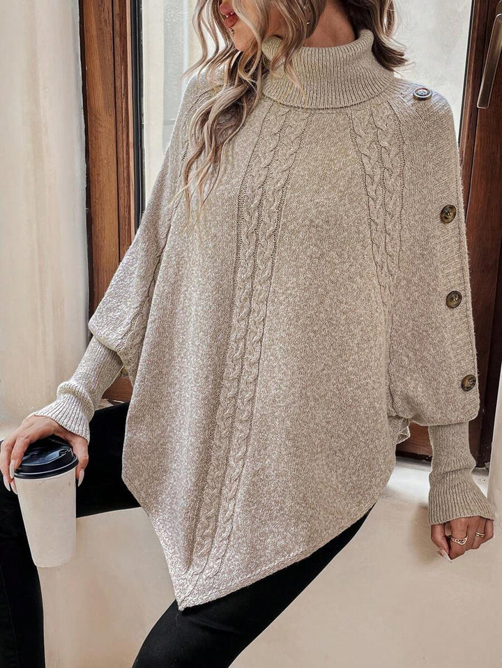 Alexis | High Neck Batwing Poncho Sweater, Asymmetrical Cable Knit Pullover