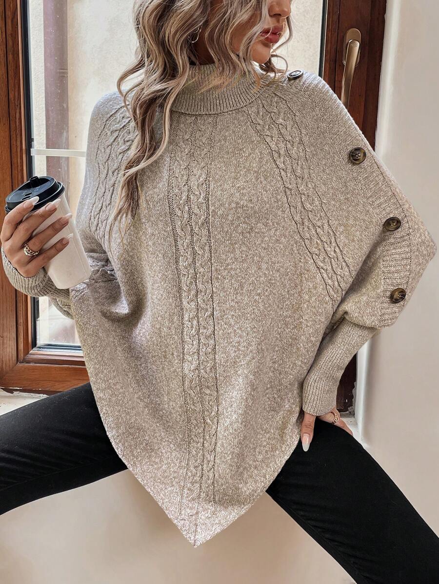 Alexis | High Neck Batwing Poncho Sweater, Asymmetrical Cable Knit Pullover