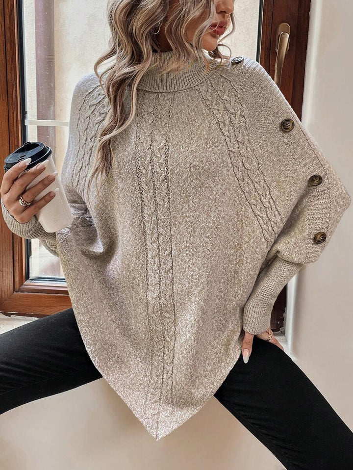 Alexis | High Neck Batwing Poncho Sweater, Asymmetrical Cable Knit Pullover