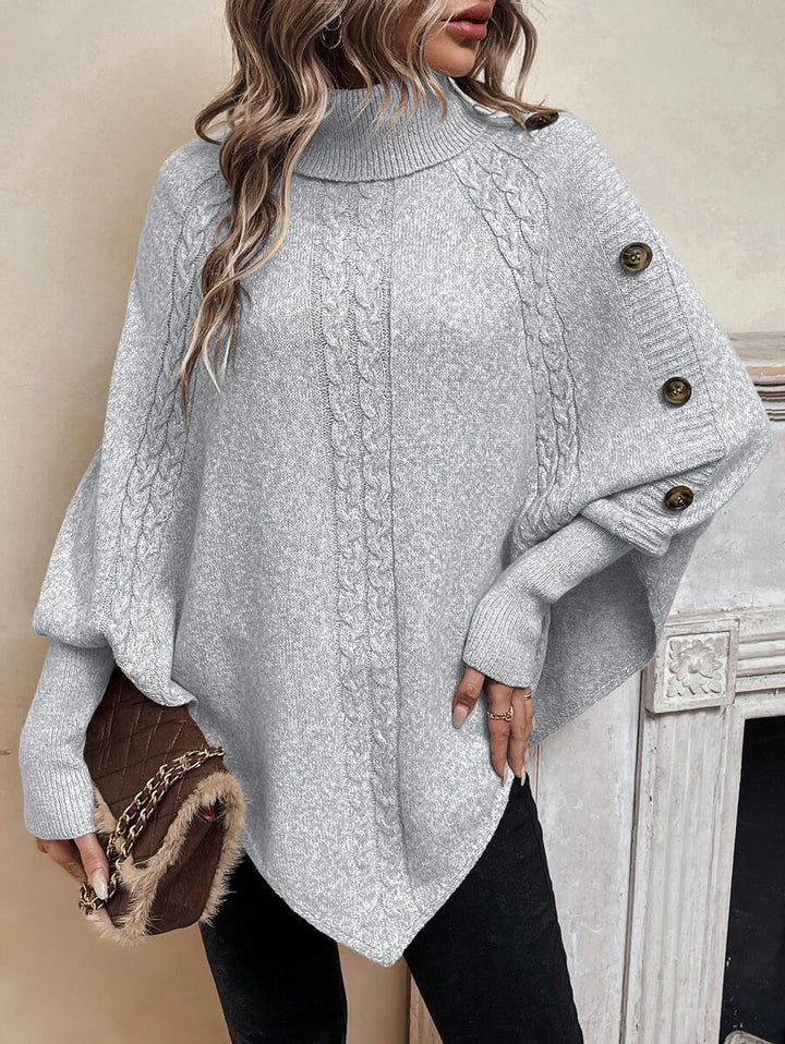 Alexis | High Neck Batwing Poncho Sweater, Asymmetrical Cable Knit Pullover