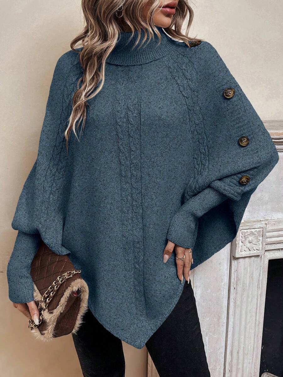 Alexis | High Neck Batwing Poncho Sweater, Asymmetrical Cable Knit Pullover