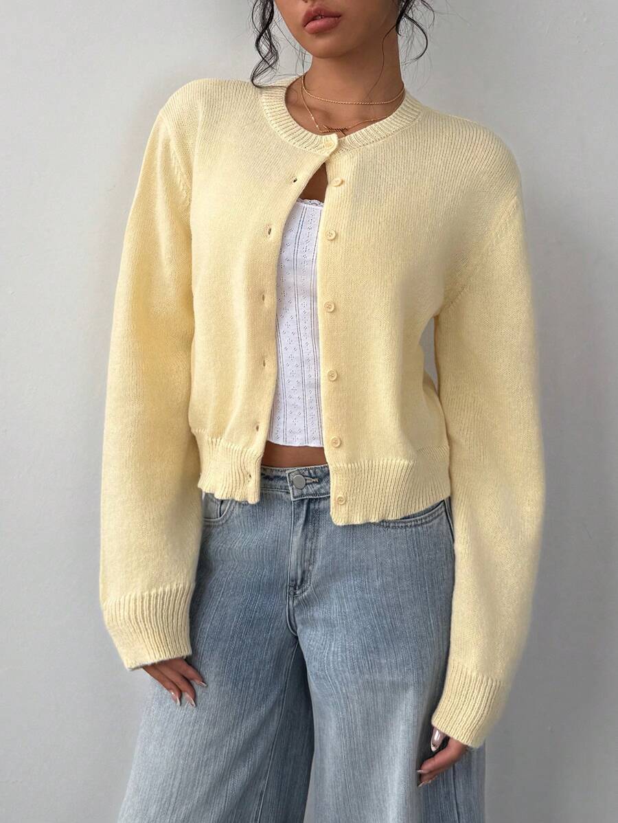 Adeline | Round Neck Button Front Cardigan, Cropped Everyday Knit