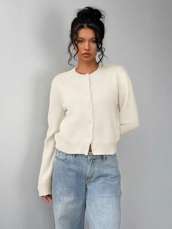 Adeline | Round Neck Button Front Cardigan, Cropped Everyday Knit