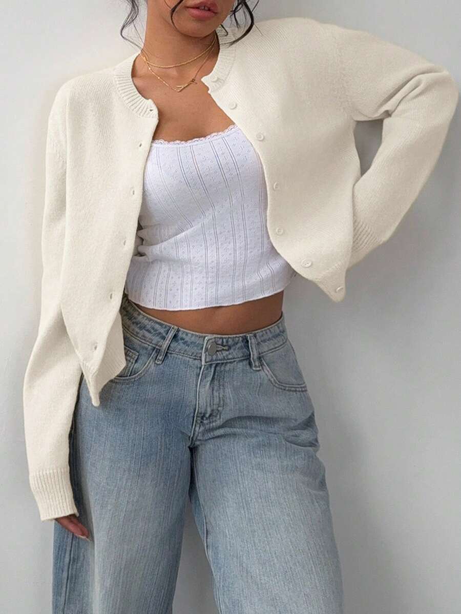 Adeline | Round Neck Button Front Cardigan, Cropped Everyday Knit