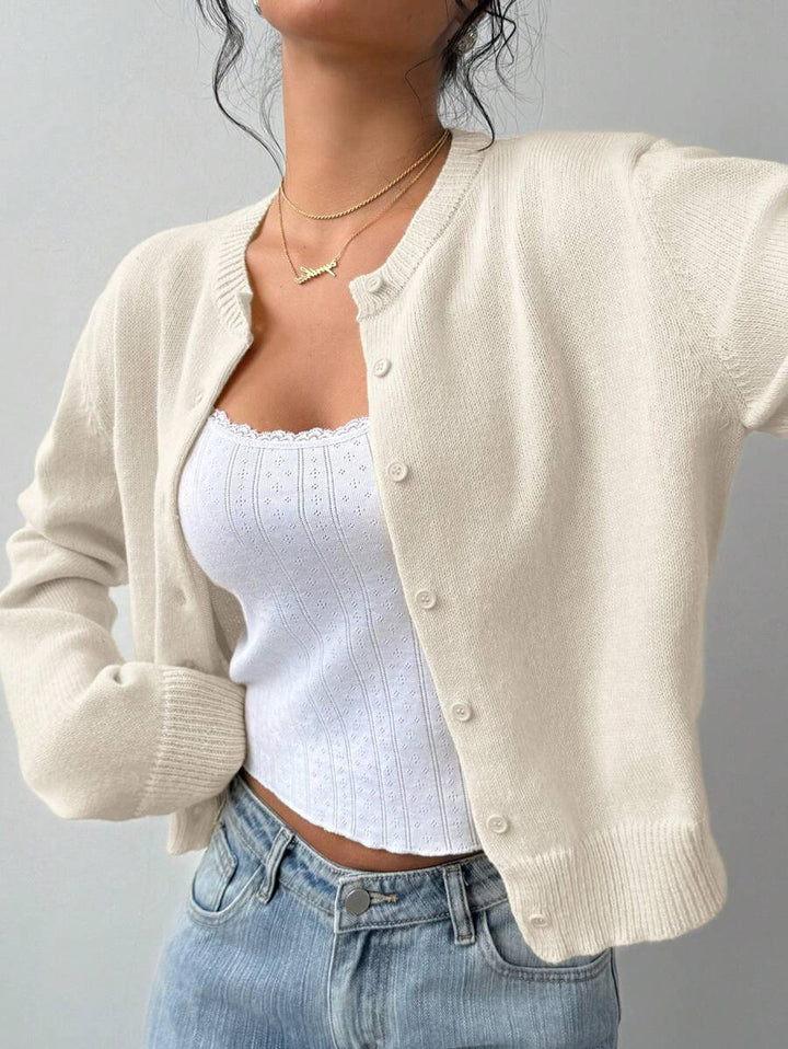 Adeline | Round Neck Button Front Cardigan, Cropped Everyday Knit