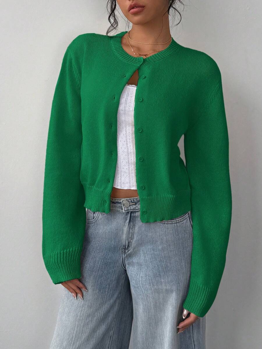Adeline | Round Neck Button Front Cardigan, Cropped Everyday Knit