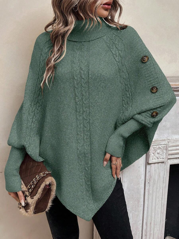 Alexis | High Neck Batwing Poncho Sweater, Asymmetrical Cable Knit Pullover