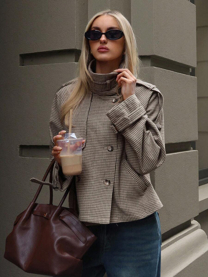 Annabelle | Houndstooth High Neck Button Front Jacket, Chic Winter Coat