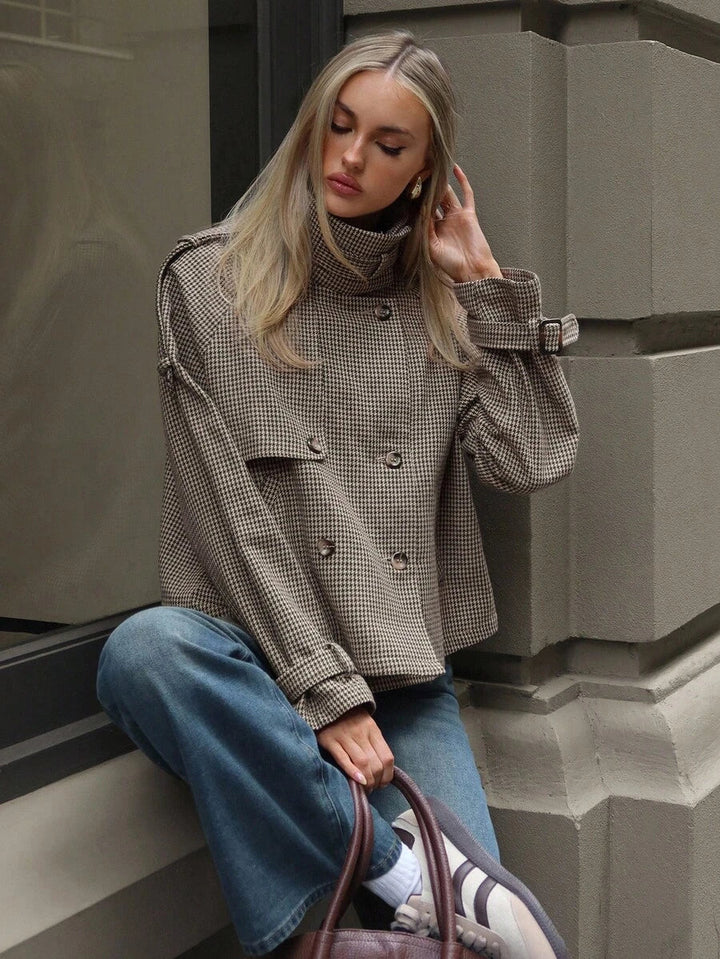 Annabelle | Houndstooth High Neck Button Front Jacket, Chic Winter Coat