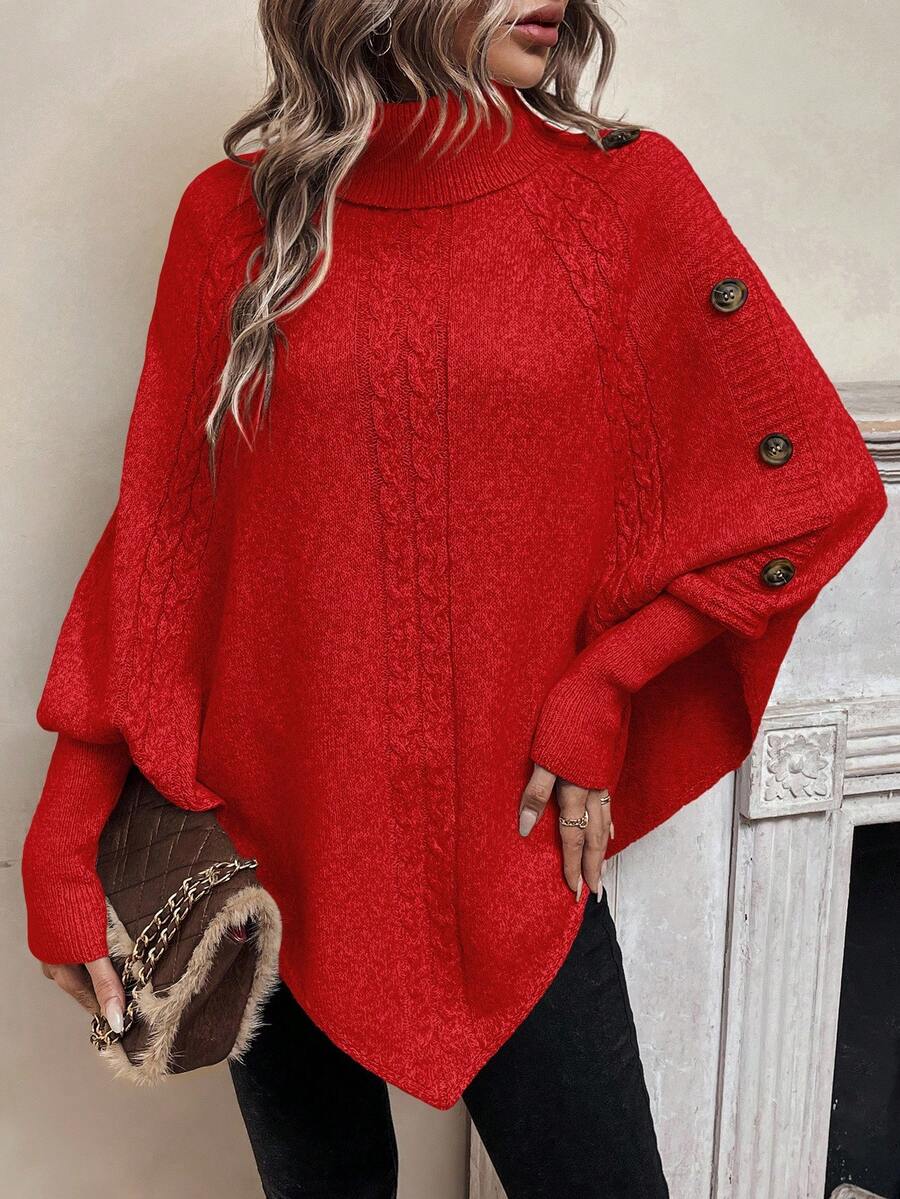 Alexis | High Neck Batwing Poncho Sweater, Asymmetrical Cable Knit Pullover