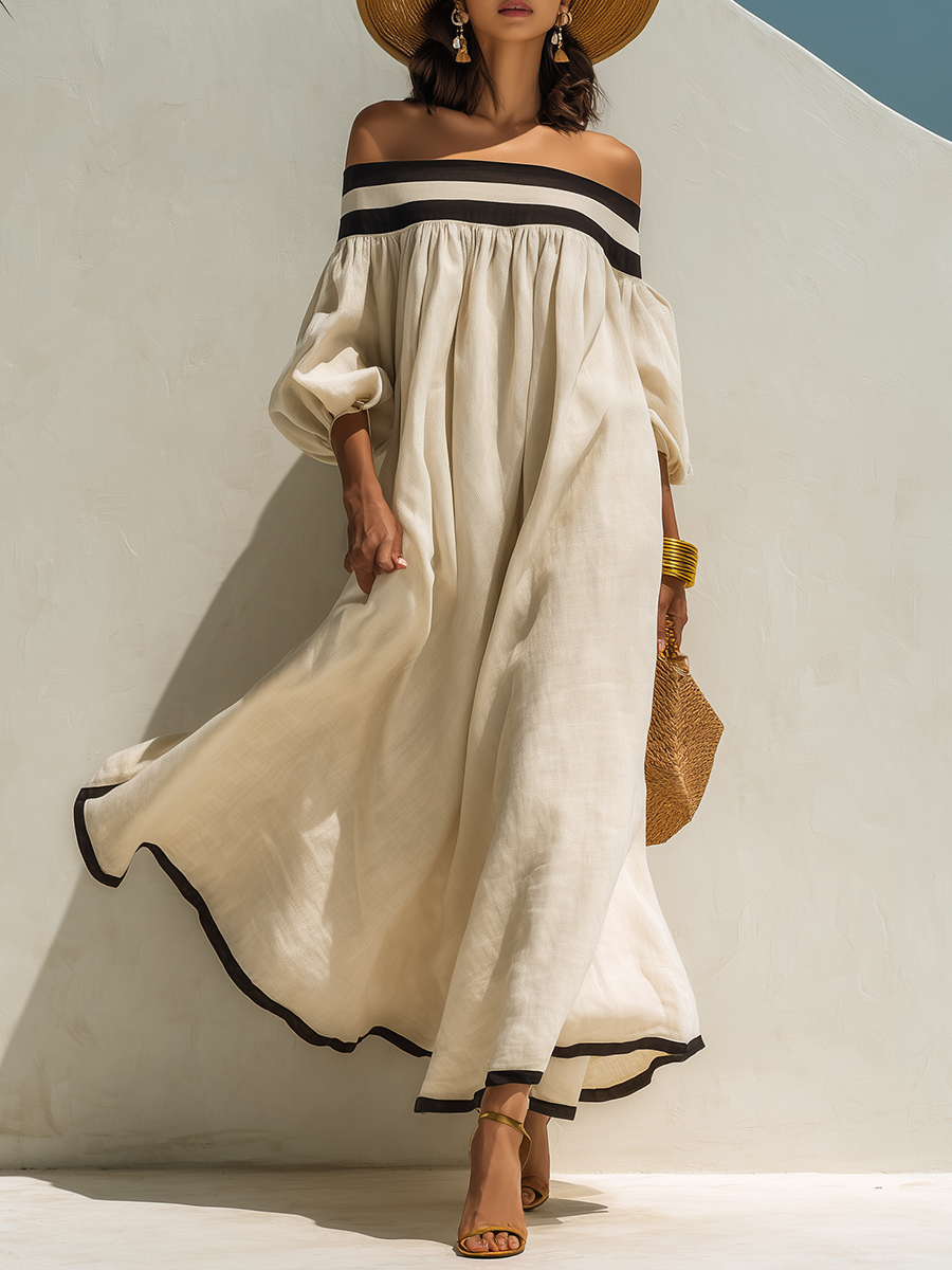 Loose-fitting Color-blocked Off-the-shoulder Maxi Dress