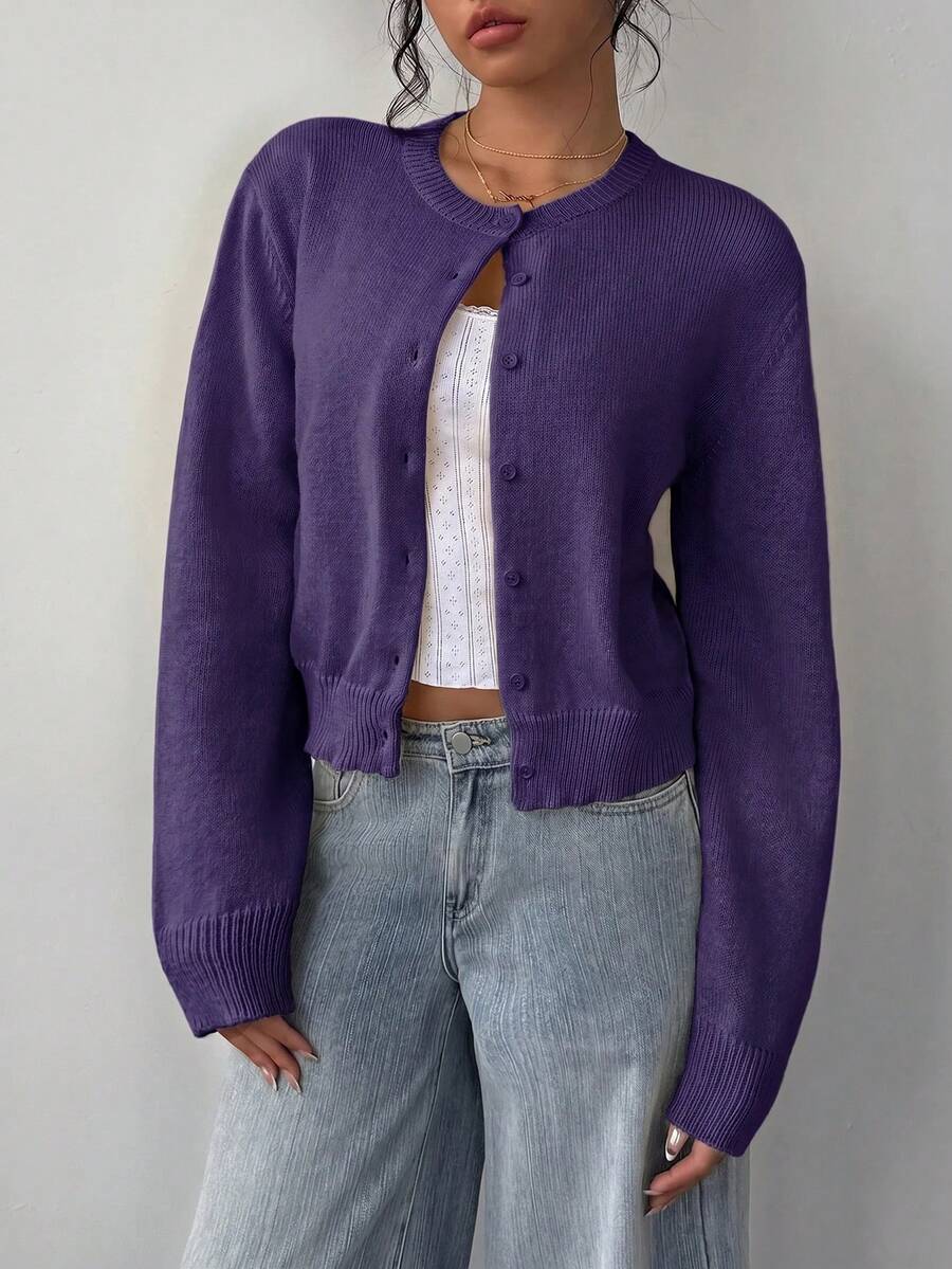 Adeline | Round Neck Button Front Cardigan, Cropped Everyday Knit