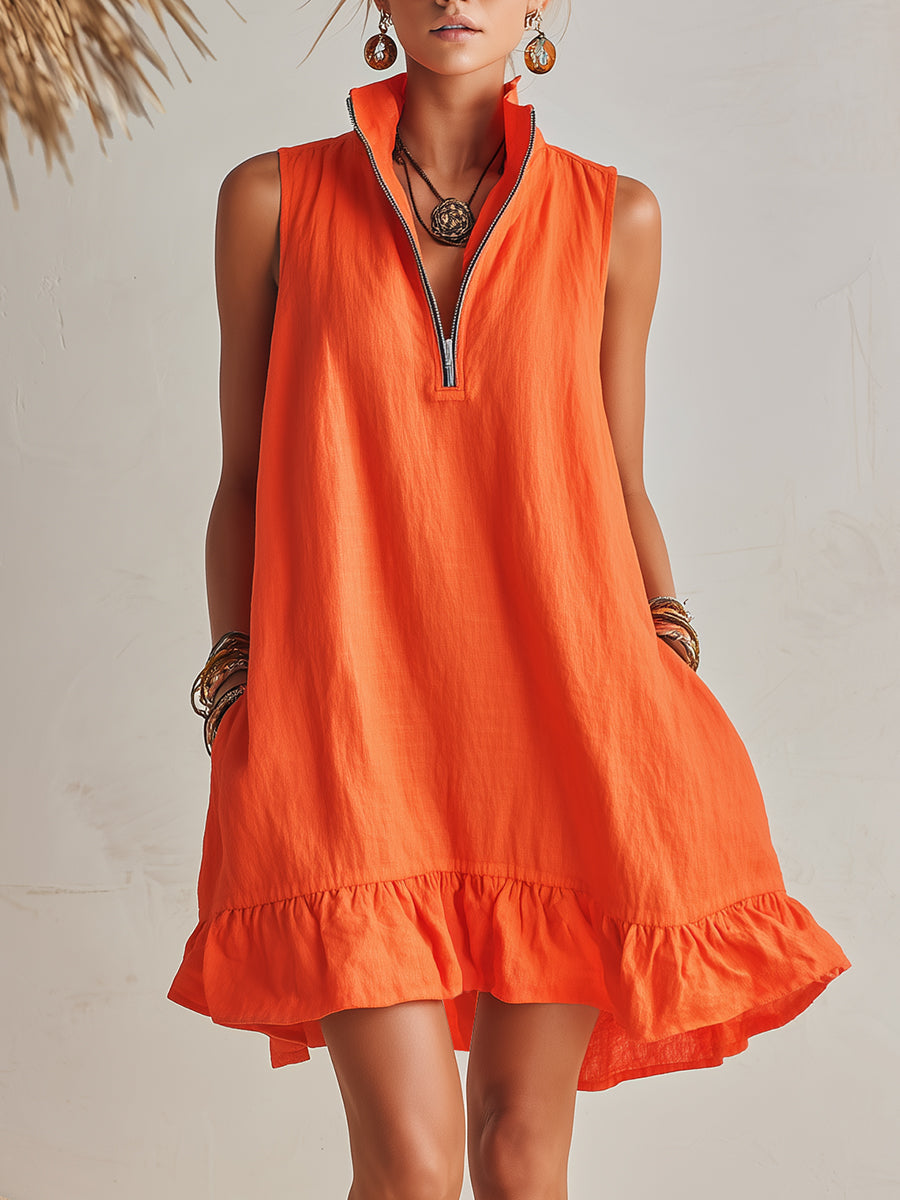 Vibrant Resort Orange Half-Zip Stand Collar Ruffled Mini Dress
