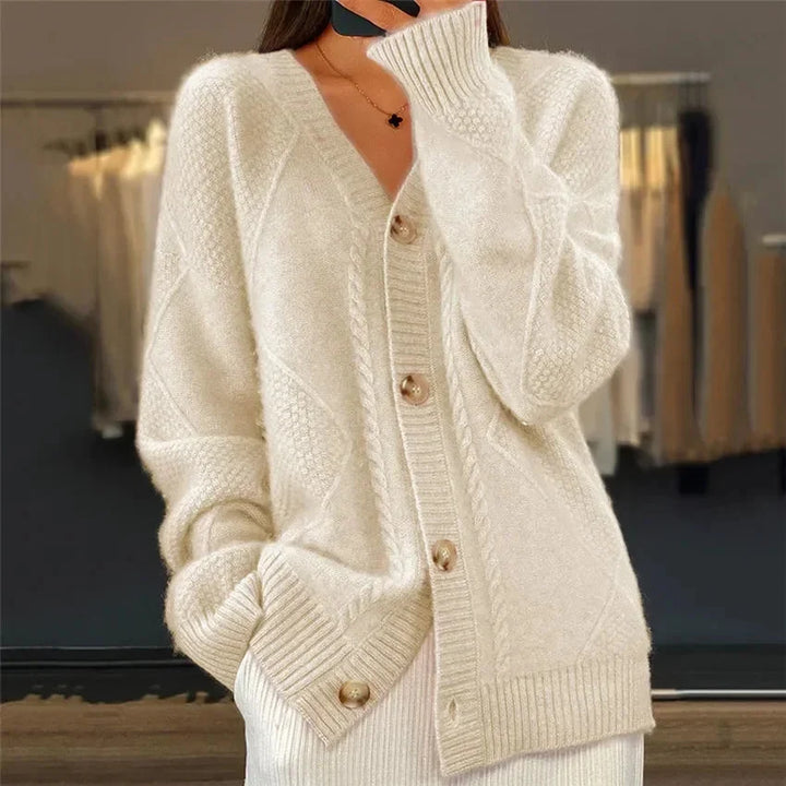 Aaliyah | Button Front V-Neck Cardigan with Diamond Knit Detail, Everyday Layer