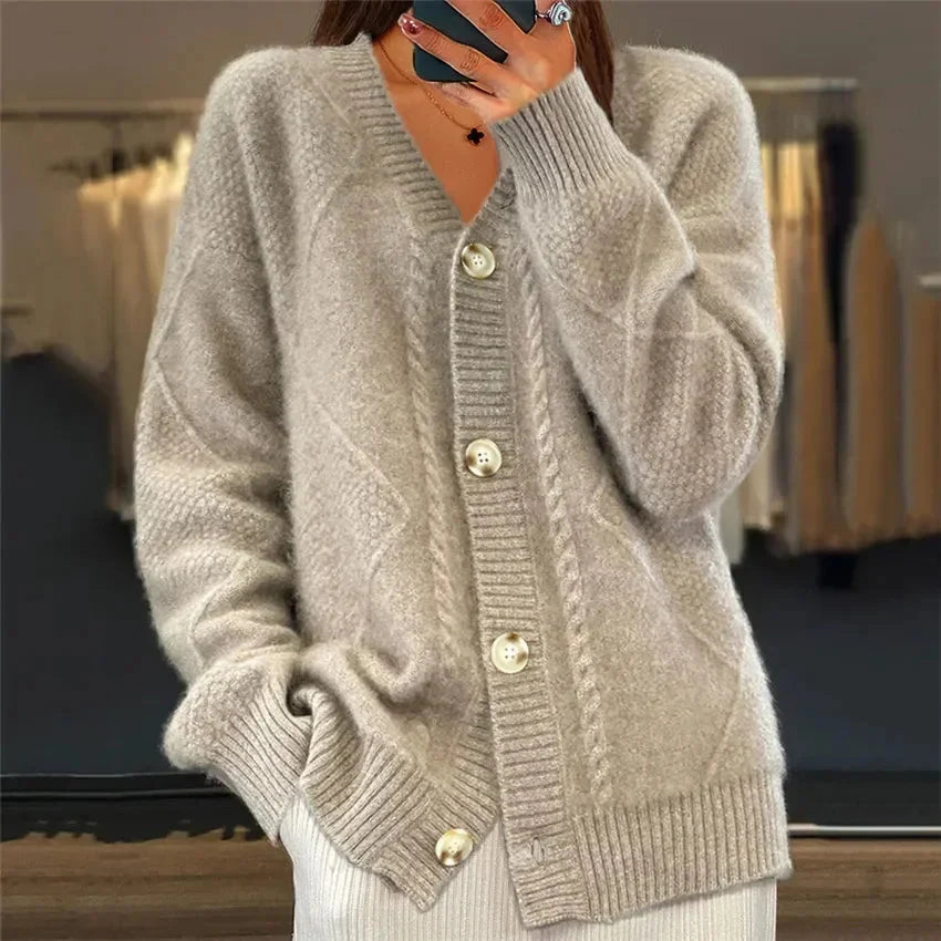 Aaliyah | Button Front V-Neck Cardigan with Diamond Knit Detail, Everyday Layer