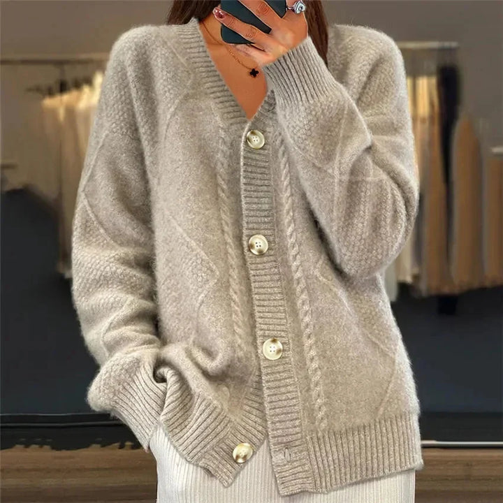 Aaliyah | Button Front V-Neck Cardigan with Diamond Knit Detail, Everyday Layer