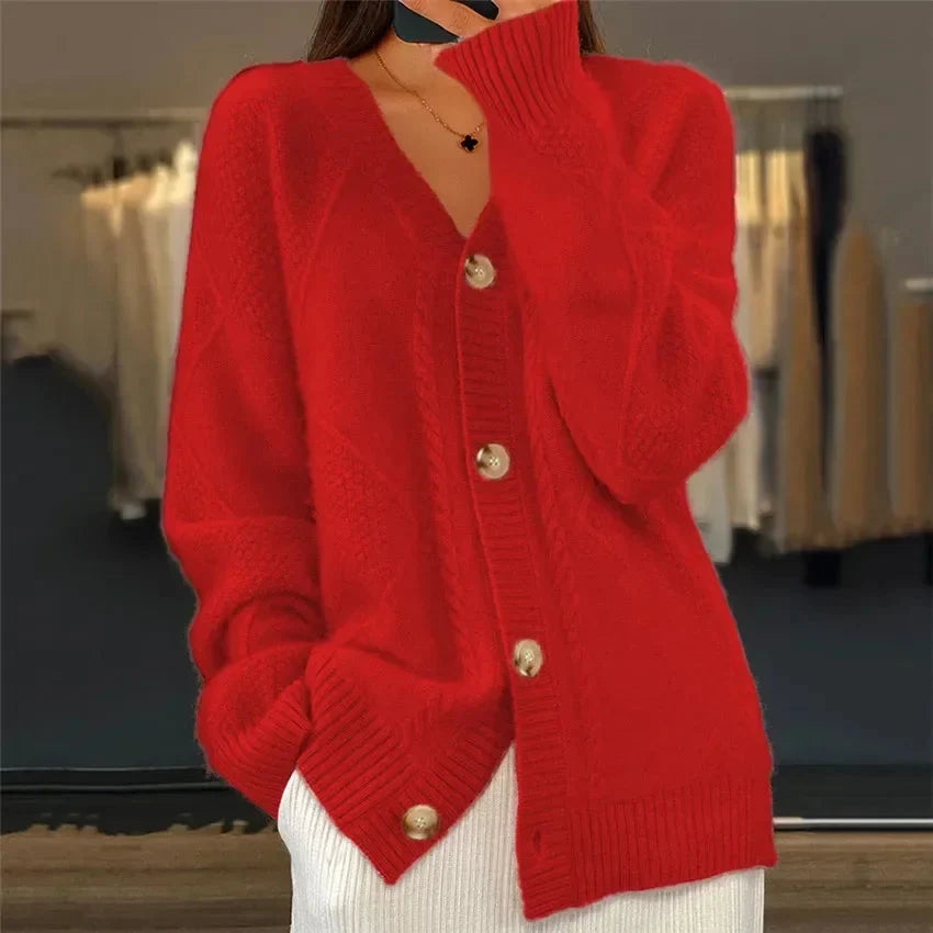 Aaliyah | Button Front V-Neck Cardigan with Diamond Knit Detail, Everyday Layer