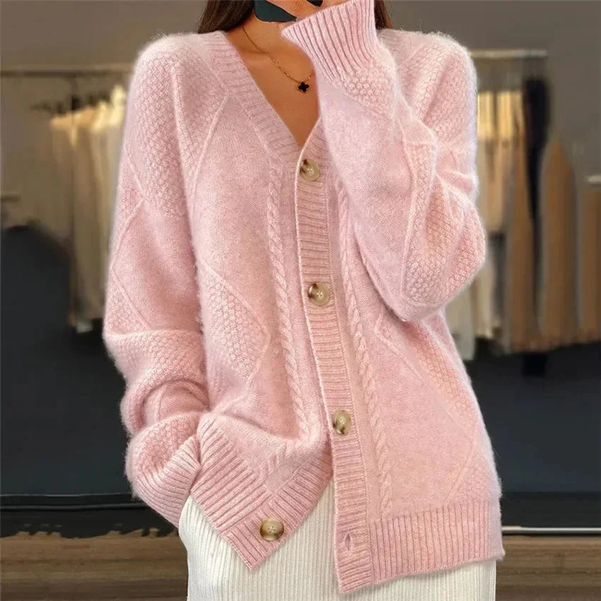 Aaliyah | Button Front V-Neck Cardigan with Diamond Knit Detail, Everyday Layer