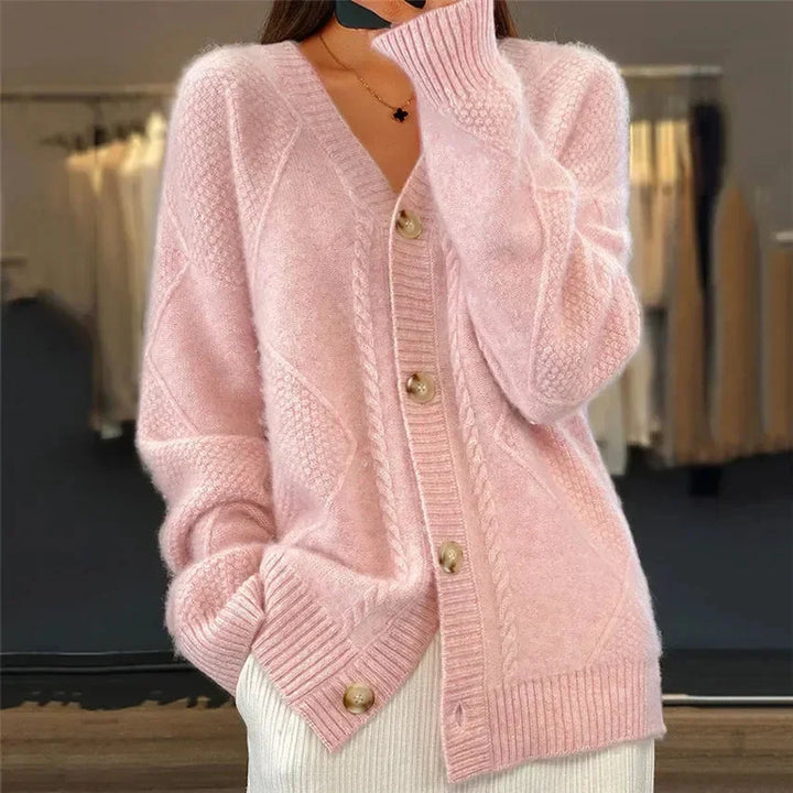 Aaliyah | Button Front V-Neck Cardigan with Diamond Knit Detail, Everyday Layer