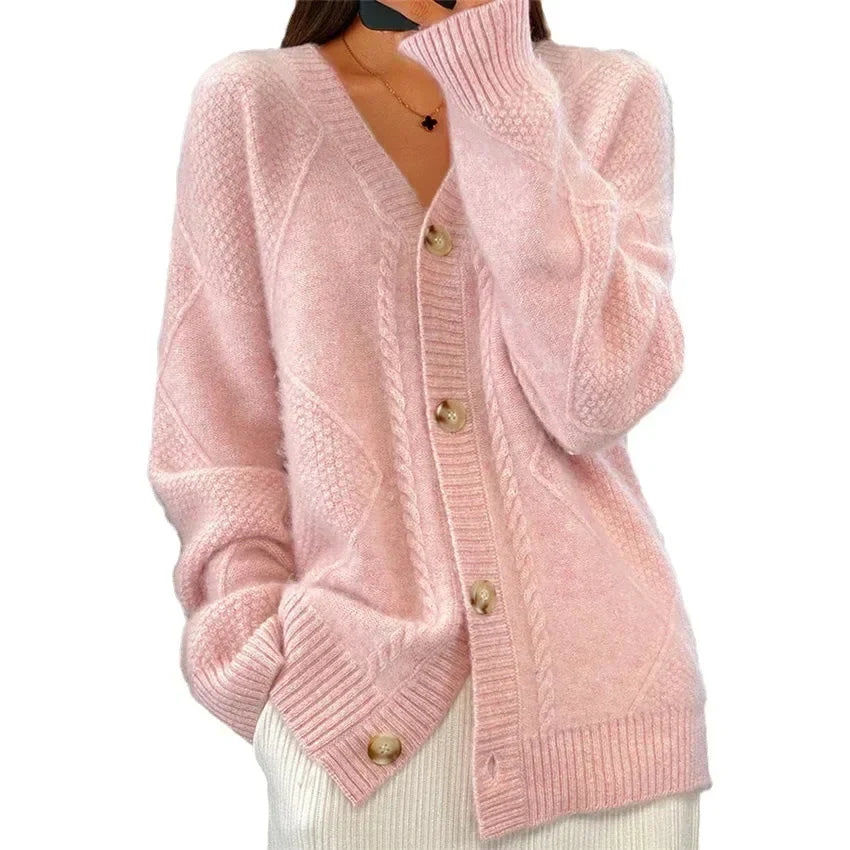 Aaliyah | Button Front V-Neck Cardigan with Diamond Knit Detail, Everyday Layer