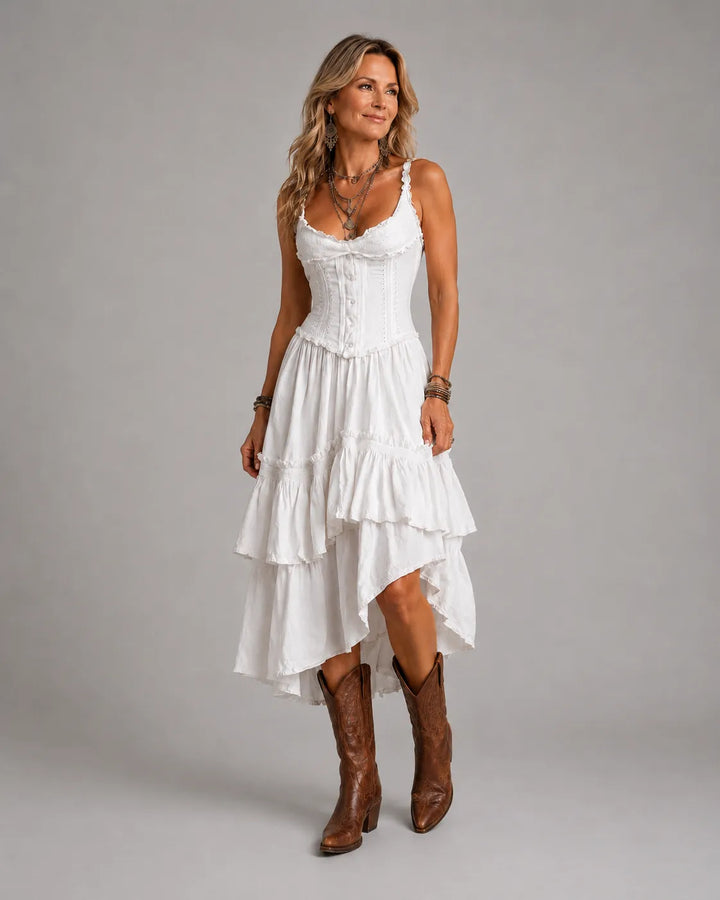 Retro Boho Corset Tiered Midi Dress With Lace-Trim