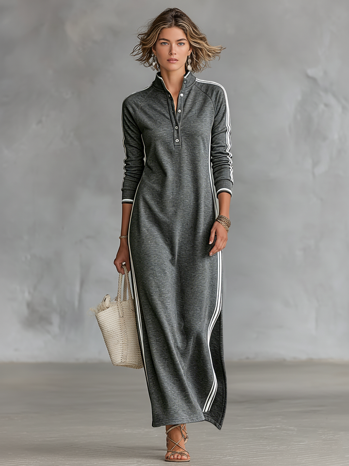 Women's Minimalist White-trimmed Button-down Collar Sweatshirt Maxi Dress