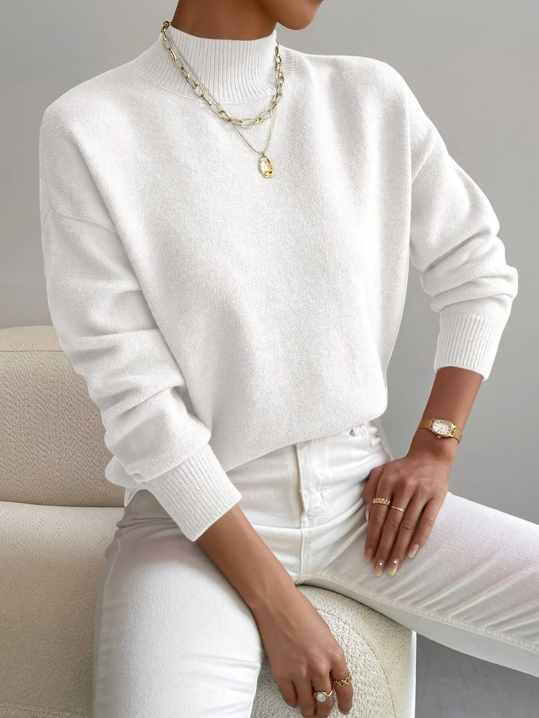Amelia | Mock Turtleneck Relaxed Fit Sweater with Ribbed Cuffs, Soft Everyday Knit