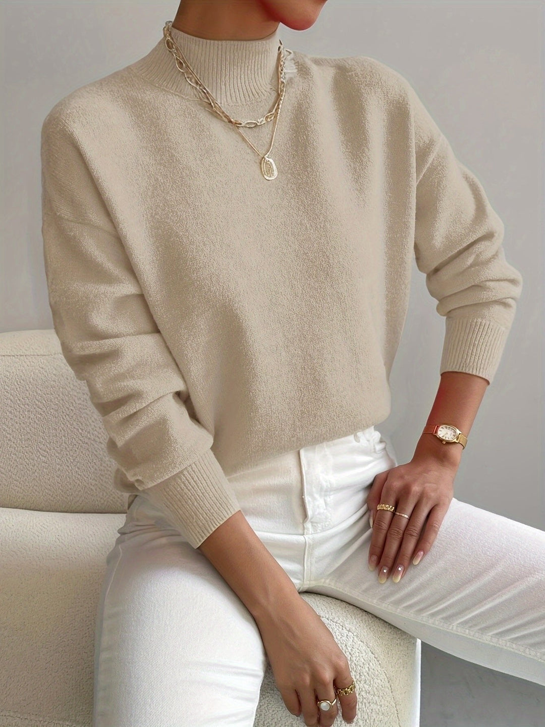Amelia | Mock Turtleneck Relaxed Fit Sweater with Ribbed Cuffs, Soft Everyday Knit