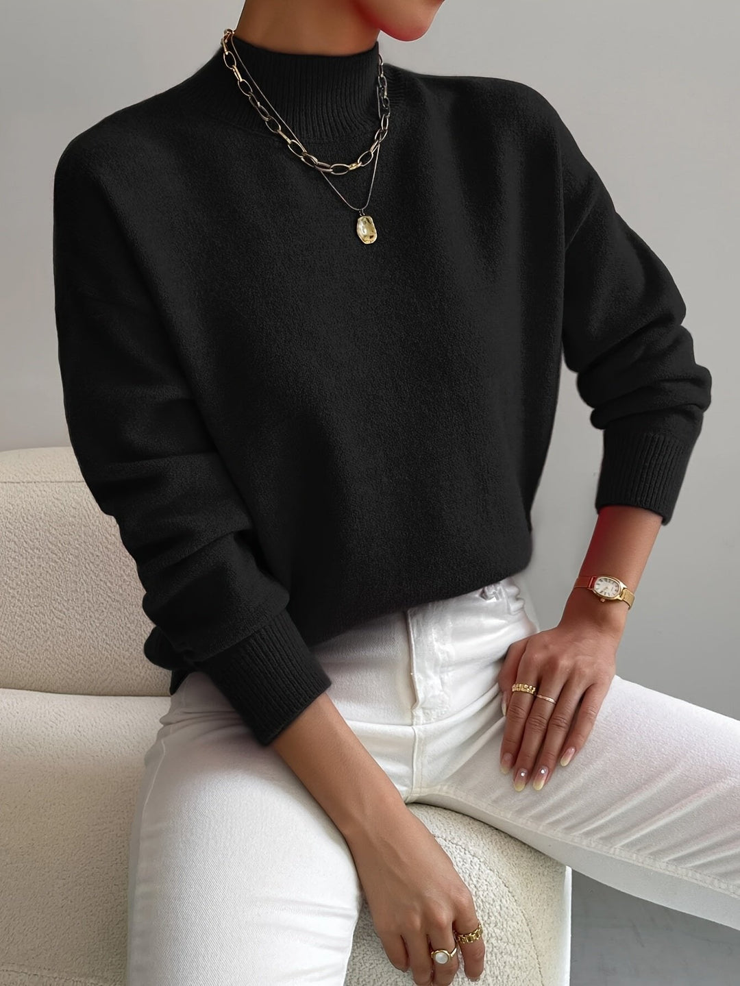 Amelia | Mock Turtleneck Relaxed Fit Sweater with Ribbed Cuffs, Soft Everyday Knit