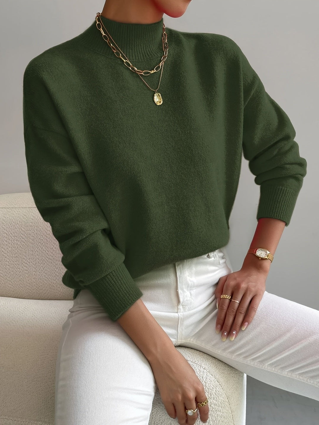 Amelia | Mock Turtleneck Relaxed Fit Sweater with Ribbed Cuffs, Soft Everyday Knit