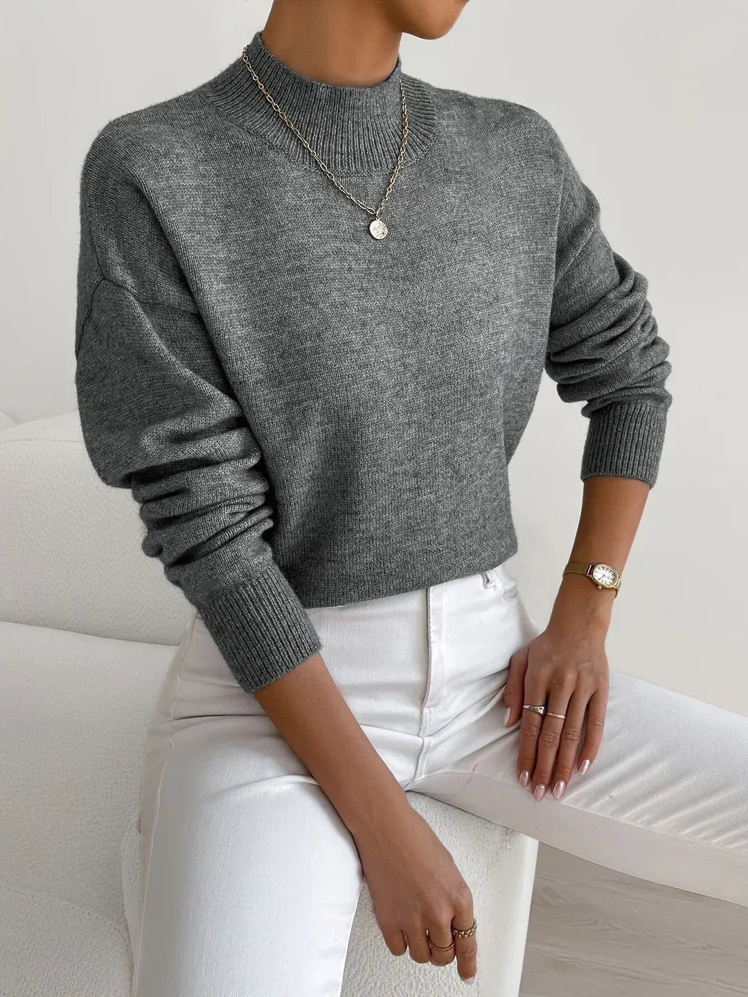 Amelia | Mock Turtleneck Relaxed Fit Sweater with Ribbed Cuffs, Soft Everyday Knit